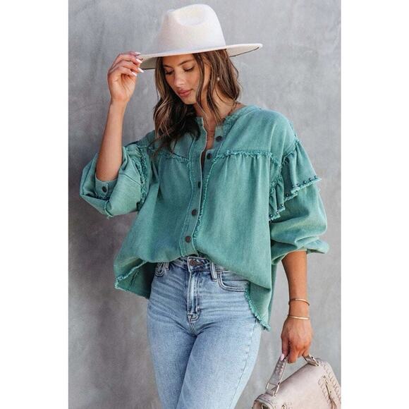 Vici Collection Green Stuffed Ruffle Shoulder Oversized Shacket Jacket Womens M - Picture 1 of 11